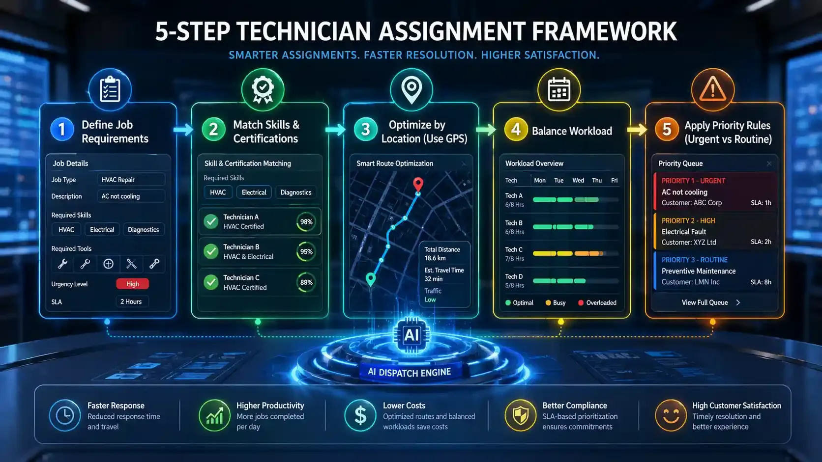 AI dashboard showing 5-step technician assignment workflow with icons